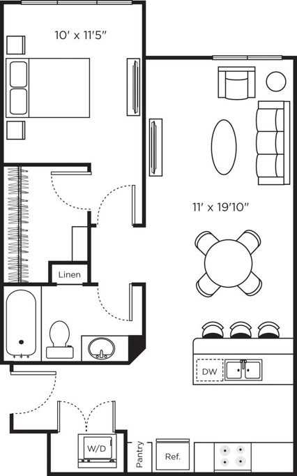 Floor plan for 1 bed, 1 bath, 510 sqft